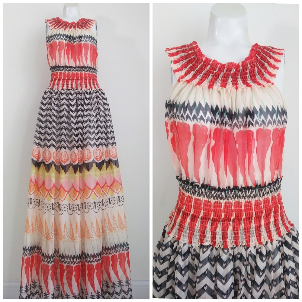 L'ATISTE Coral, Black & Cream Maxi Dress